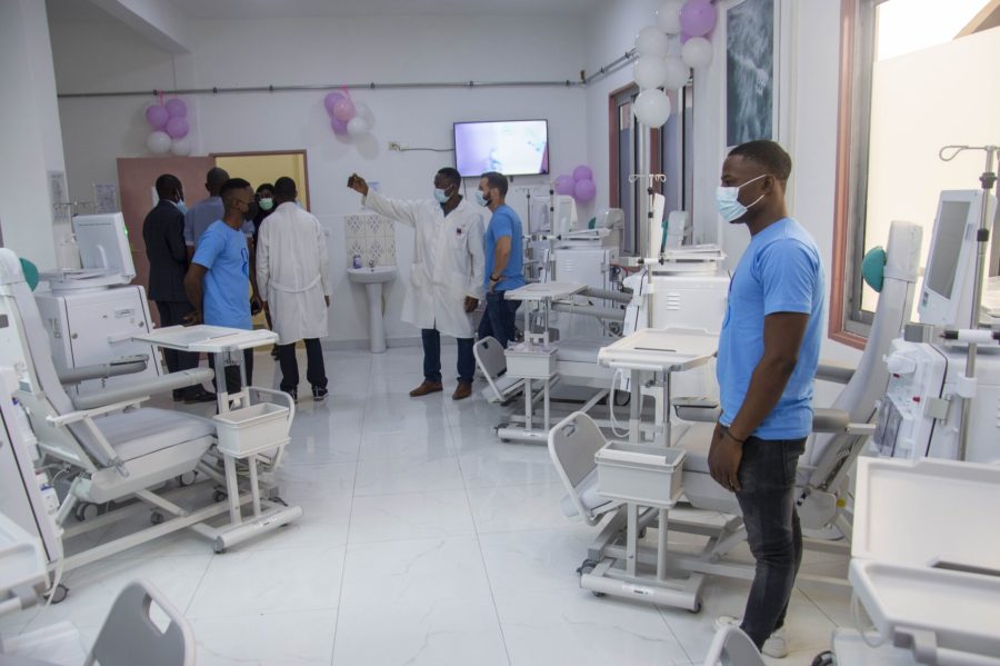 New hemodialysis treatment room at Hôpital Général de Douala, with rows of dialysis machines and chairs on the centre's inauguration day