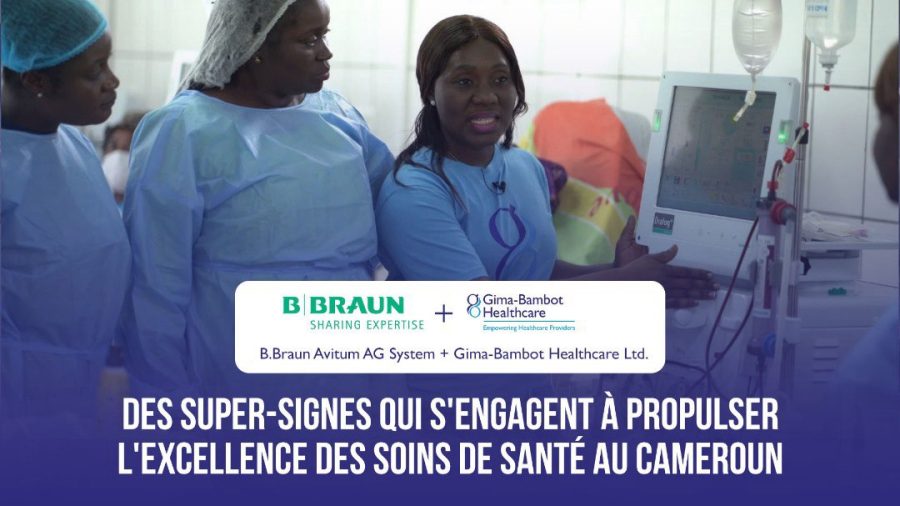 Gima-Bambot trainer teaching nurses on a B. Braun Dialog dialysis machine at the Maroua hemodialysis centre, with B. Braun and Gima-Bambot Healthcare co-branding